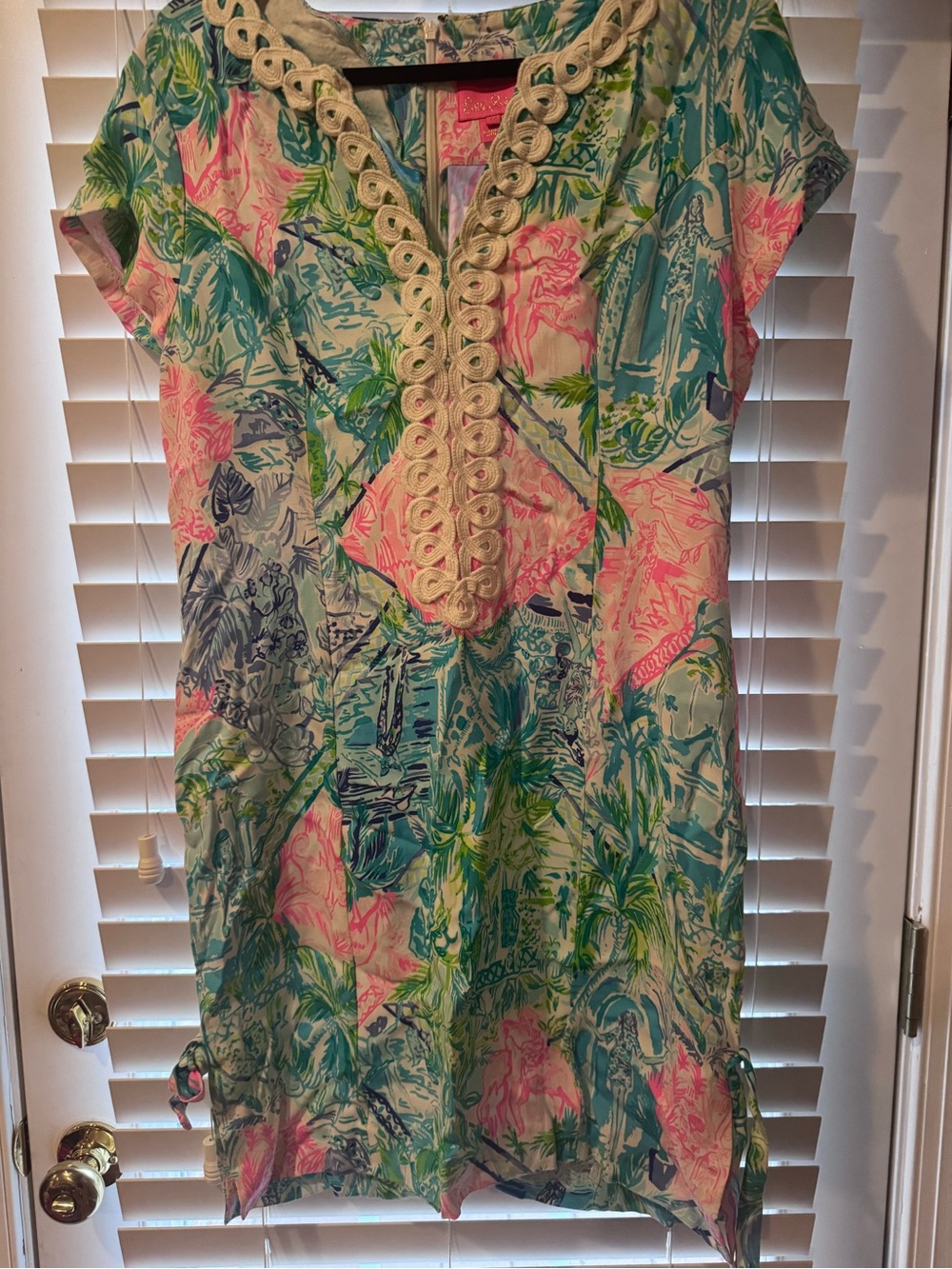 Lilly Pulitzer Aqua, Pink & Green Tropical Shift Dress with Braided Trim